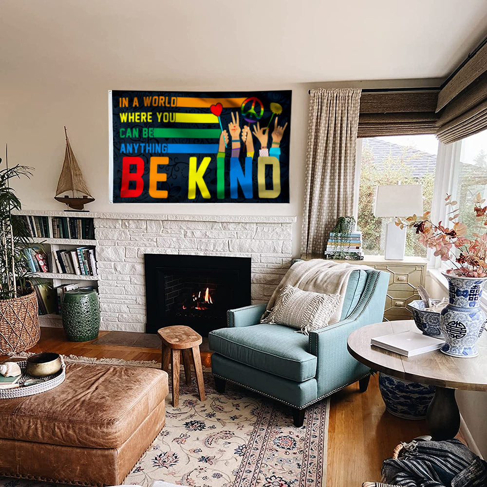 Fyon Be Kind Hippie Sign Language In A World Where You Can Be Anything Be Kind Flower Flag 41562 Indoor and Outdoor Banner