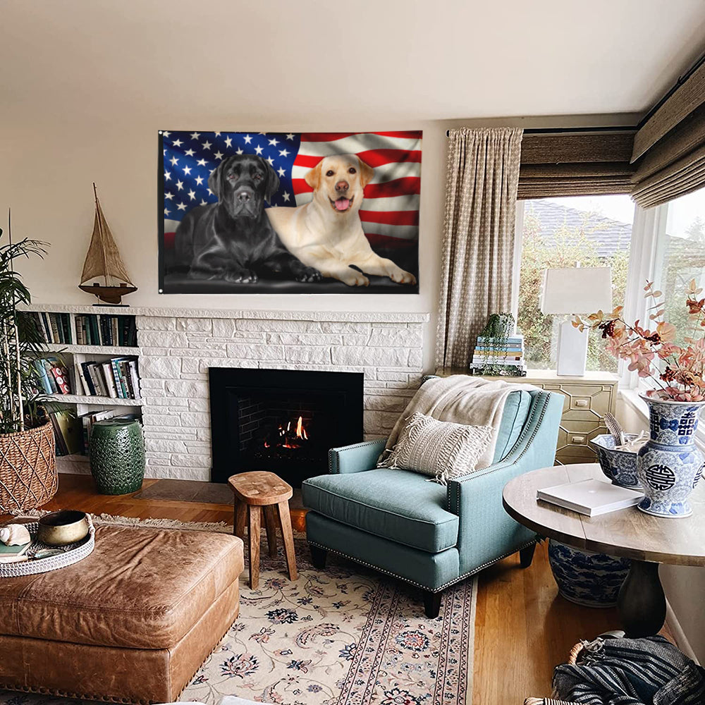 Fyon Black Lab And Yellow Lab Labrador Retriever American Flag 41404 Indoor and outdoor banner