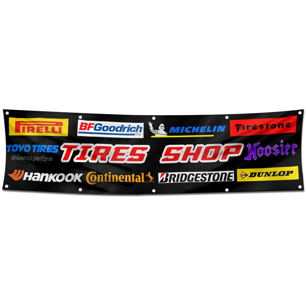 Fyon Car Motor Garage Tires Shop Decor Banner Flag Black 2x8 Feet