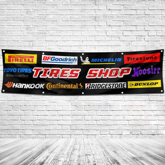 Fyon Car Motor Garage Tires Shop Decor Banner Flag Black 2x8 Feet