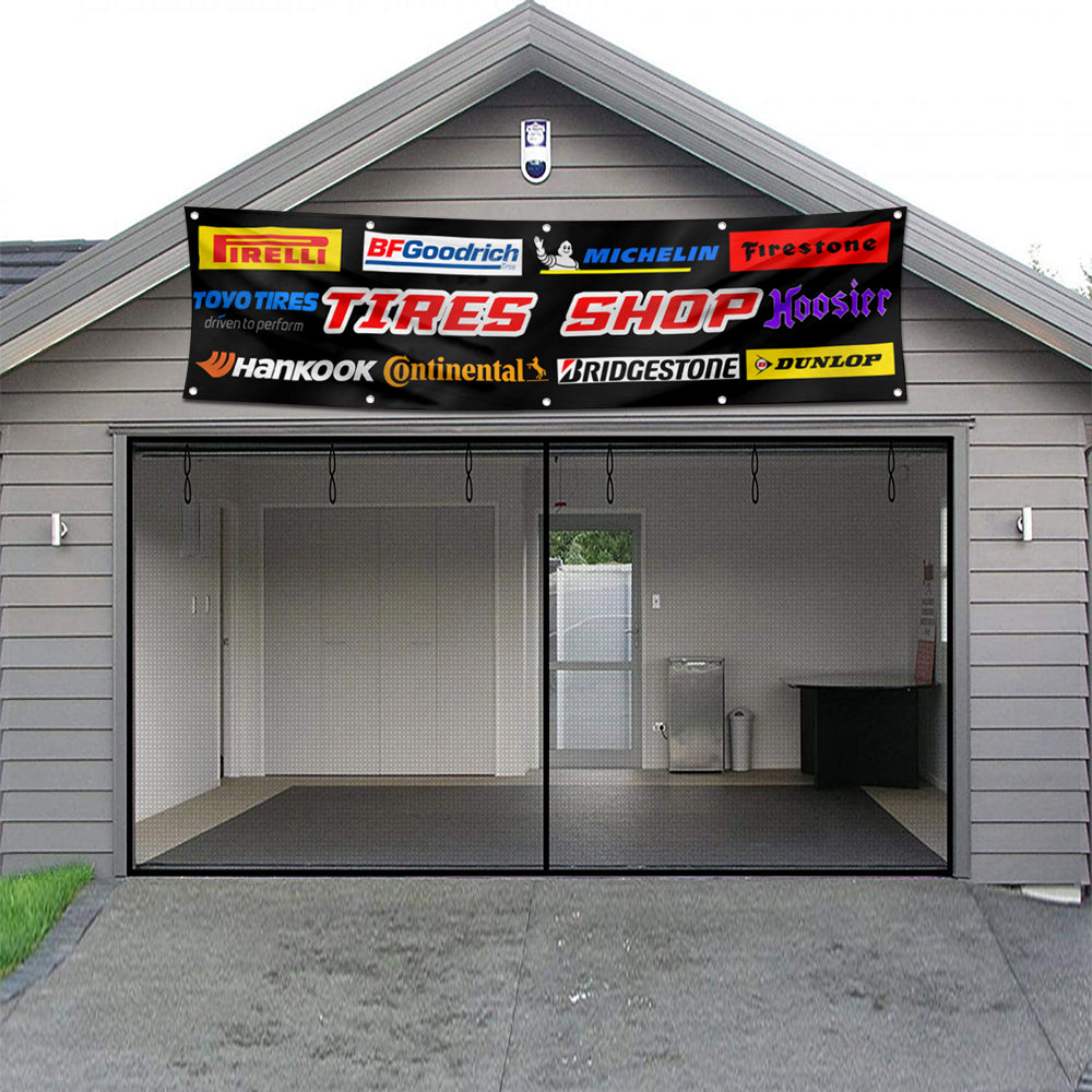 Fyon Car Motor Garage Tires Shop Decor Banner Flag Black 2x8 Feet
