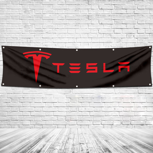 Fyon Car Motor Garage Workshop Banner Work for Tesla Flag Black 2x8 Feet