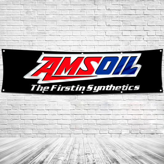 Fyon Car Motor Oil Garage Shop Decor Banner Works for Amsoil Flag Black 2x8 Feet