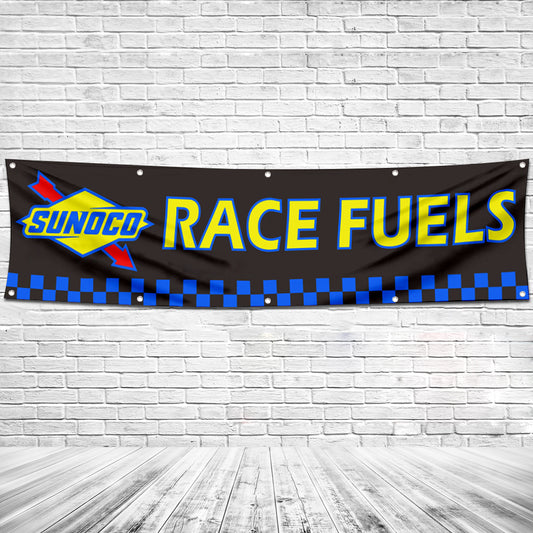 Fyon Car Motor Oil Gas Garage Workshop Banner Works for Sunoco Race Fuels Flag Black 2x8 Feet