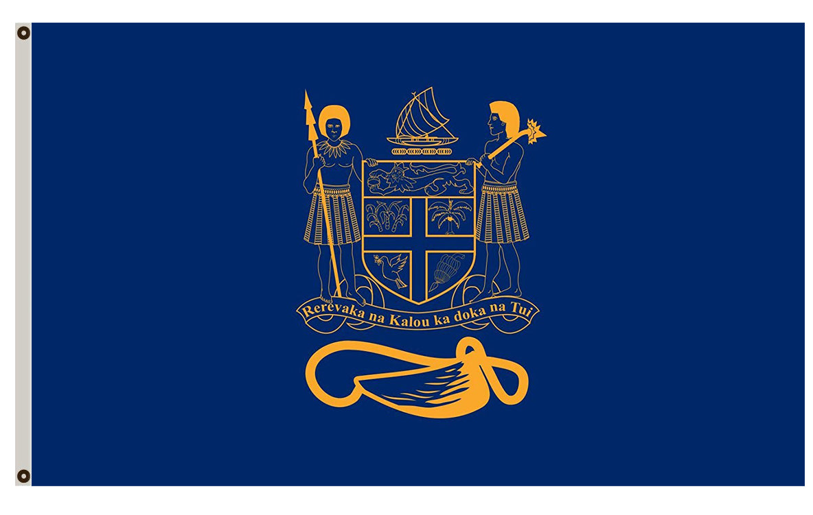 Fyon Standard of the President of Fiji bearing the full Coat of Arms of Fiji and a traditional Knot and Whale s tooth in Golden-Yellow flag banner