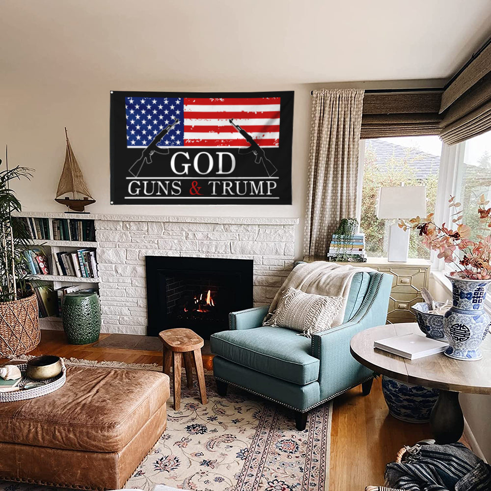 Fyon God Guns & Trump Flag Black Indoor and Outdoor Banner