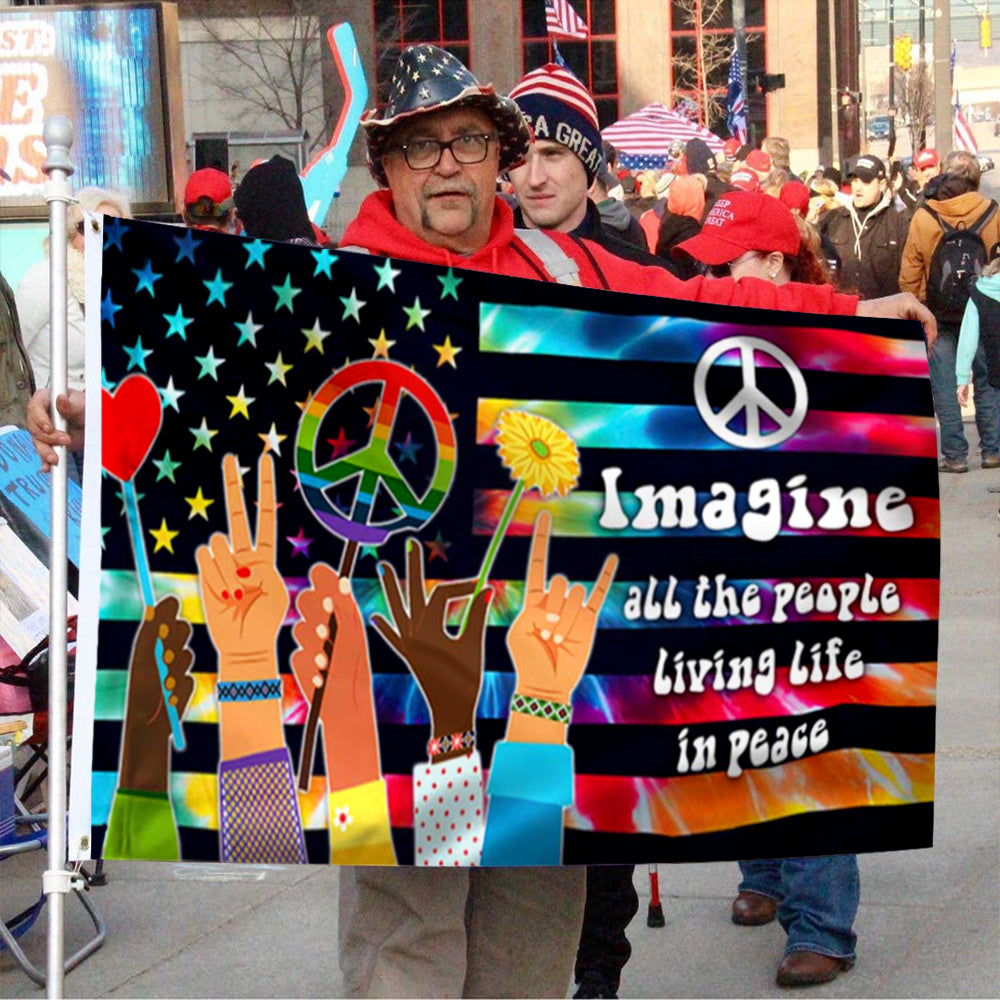 Fyon Hippie Imagine All The People Living Life In Peace Flower Flag 41568 Indoor and Outdoor Banner