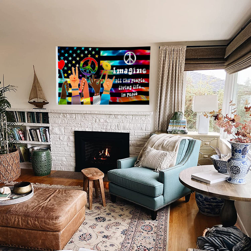 Fyon Hippie Imagine All The People Living Life In Peace Flower Flag 41568 Indoor and Outdoor Banner