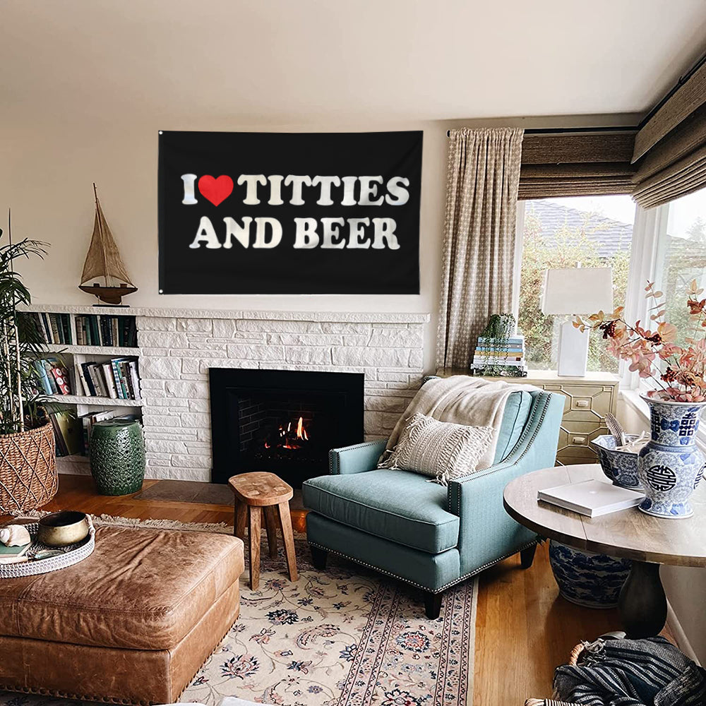Fyon I Love Titties and Beer Flag Banner Black Indoor and Outdoor Banner