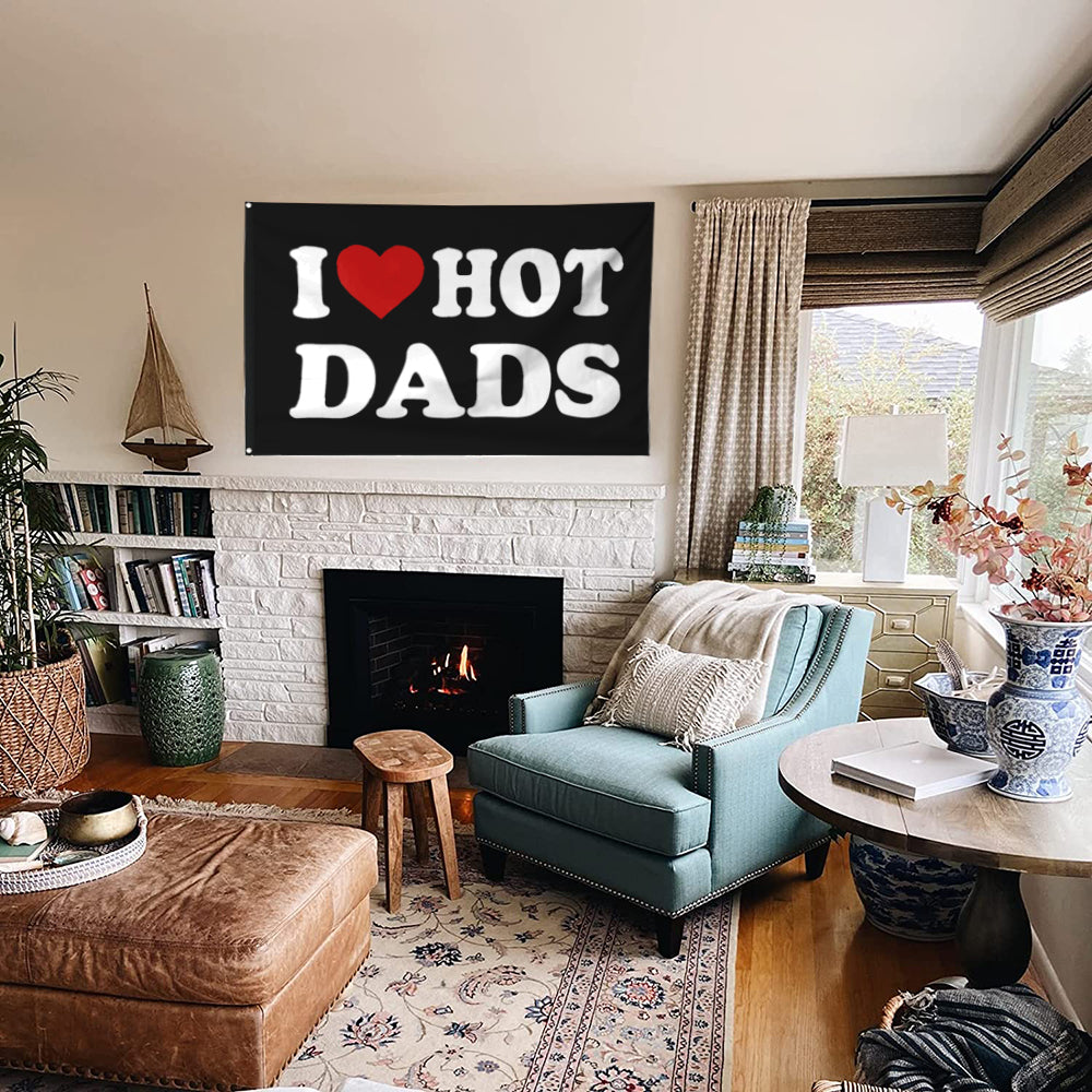 Fyon I love Hot Dads Beer Flag Banner Black Indoor and Outdoor Banner