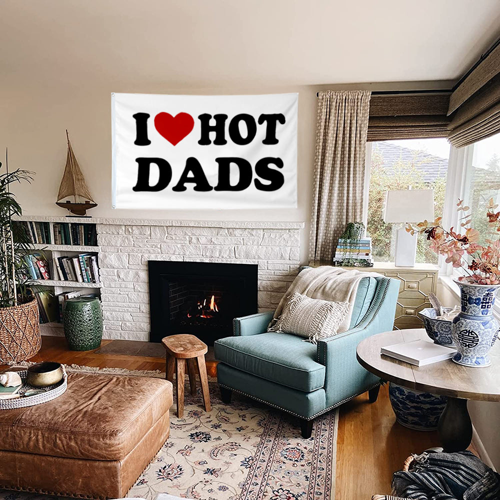 Fyon I love Hot Dads Beer Flag Banner White Indoor and Outdoor Banner