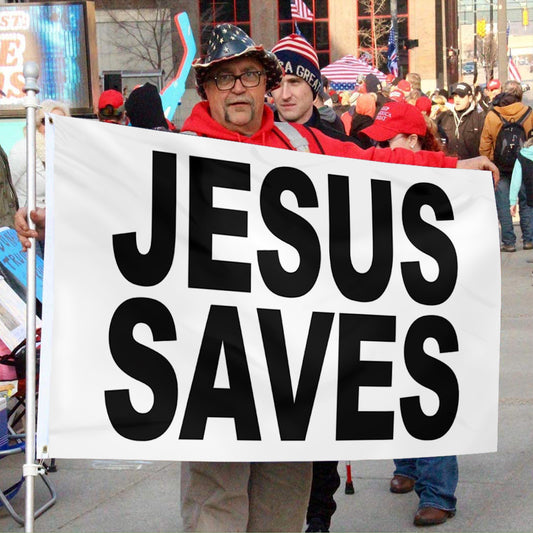 Fyon JESUS Saves Flag White Indoor and outdoor banner