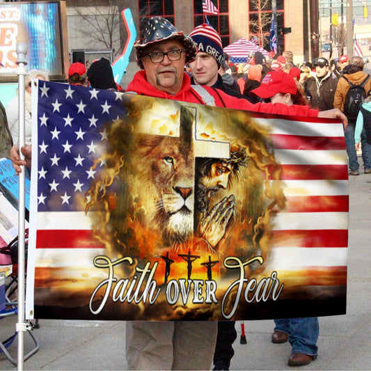 Fyon Jesus And Lion. Faith Over Fear. Christian Cross American Flag 41024 Indoor and outdoor banner