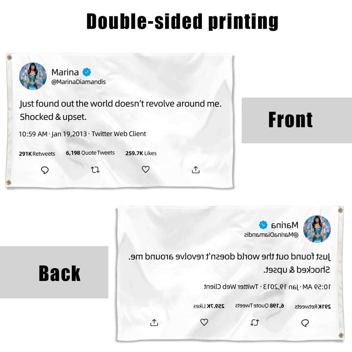 Fyon Marina Diamandis flag Just Found Out The World Doesn’t Revolve Around Me Shocked & Upset Fake Tweet Funny Indoor and outdoor banner