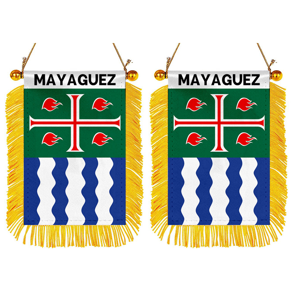 Mayaguez, Puerto Rico Flag Mini Car Rearview Mirror Flag Banner - 2PC