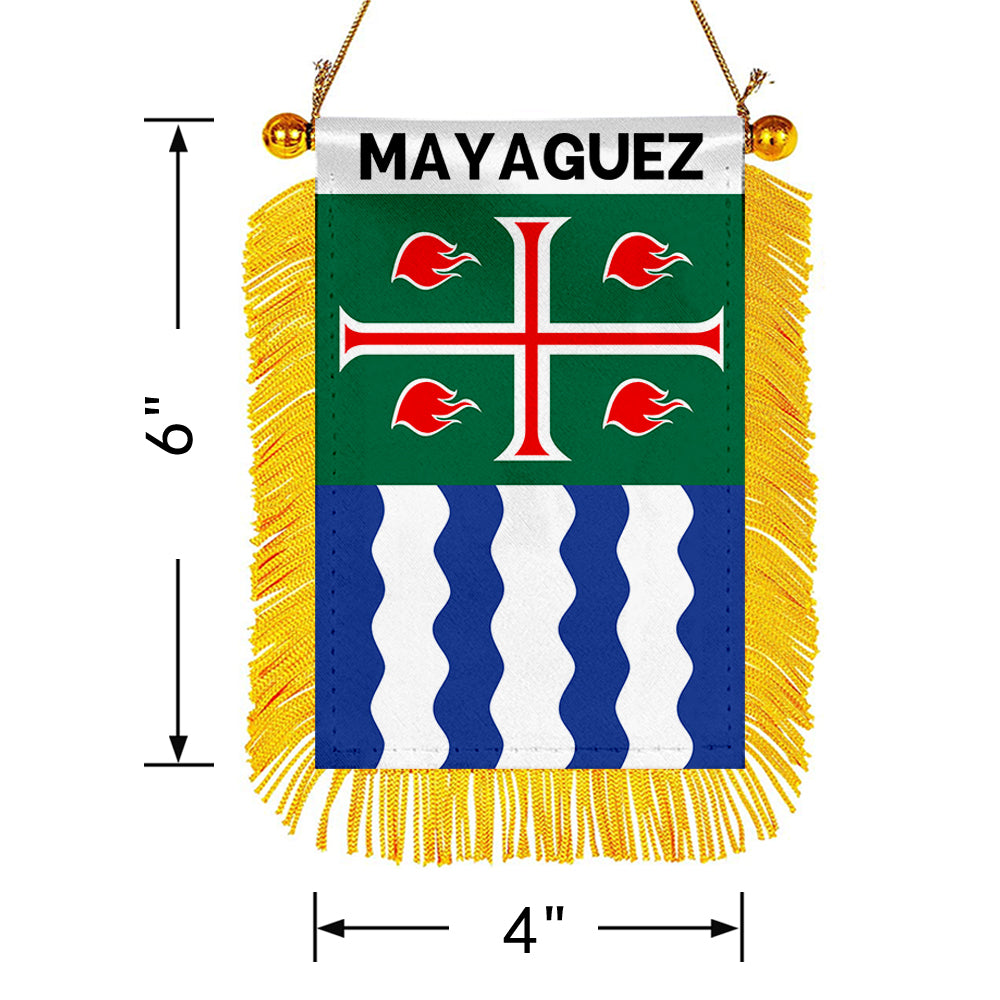 Mayaguez, Puerto Rico Flag Mini Car Rearview Mirror Flag Banner - 2PC