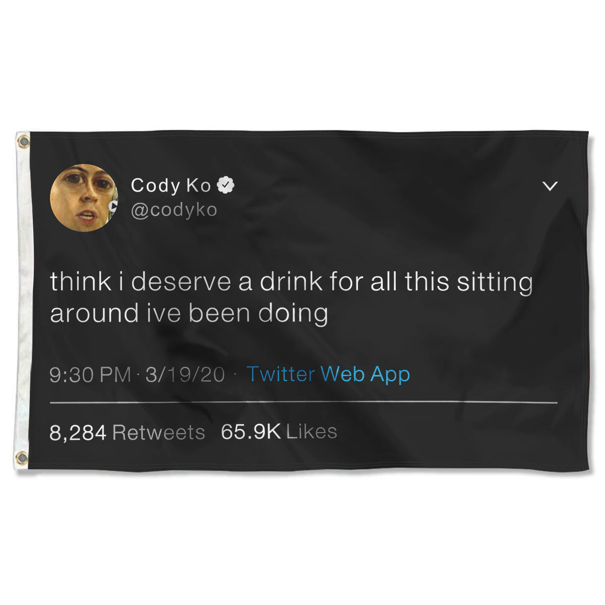 Fyon Think i deserve a drink for all this sitting around ive been doing Cody Ko Funny Tweet flag Indoor and outdoor banner