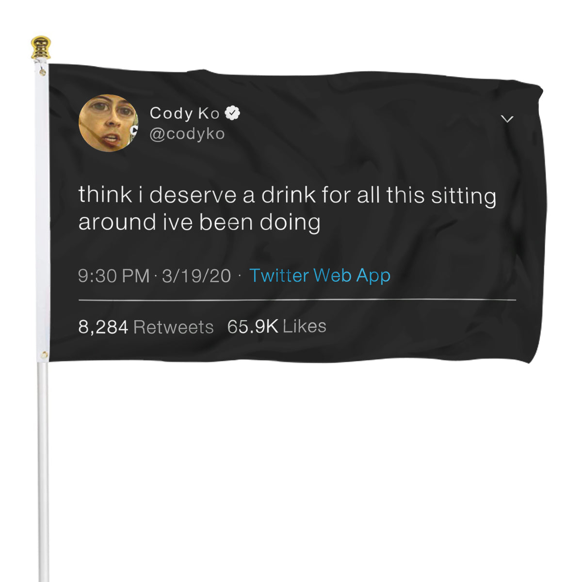 Fyon Think i deserve a drink for all this sitting around ive been doing Cody Ko Funny Tweet flag Indoor and outdoor banner