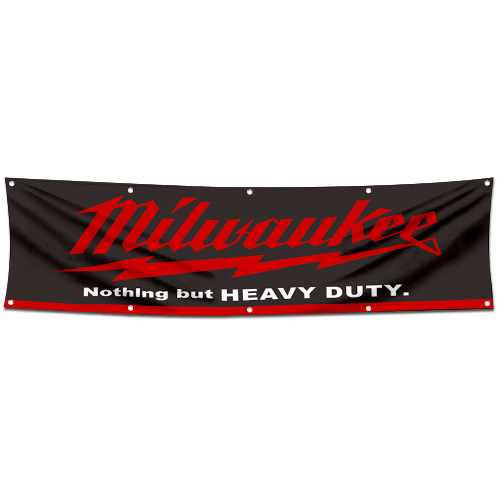 Fyon Tools Garage Shop Decor Banner Works for Milwaukee Flag Black 2x8 Feet