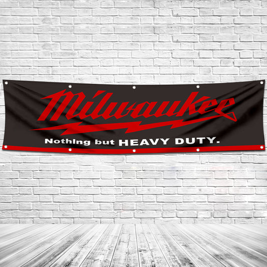 Fyon Tools Garage Shop Decor Banner Works for Milwaukee Flag Black 2x8 Feet