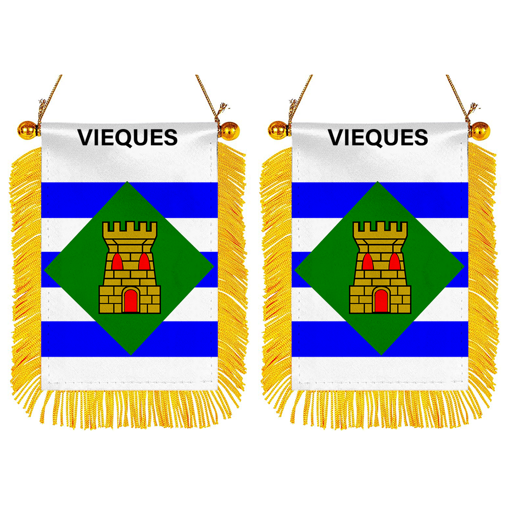 Vieques, Puerto Rico Flag Mini Car Rearview Mirror Flag Banner - 2PC