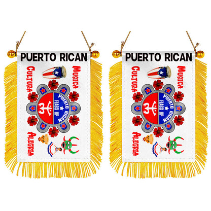 Fyon Musica, Cultura Alegria, Puerto Rican Mini Car Rearview Mirror Flag Banner - 2PC