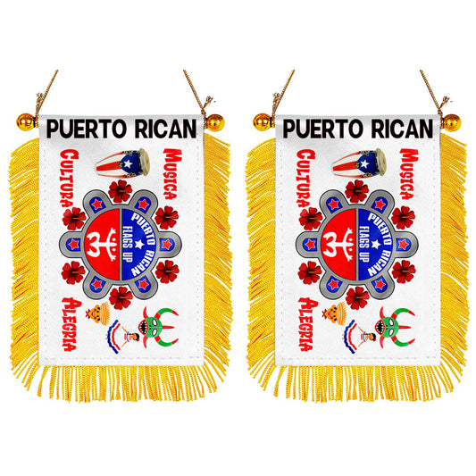 Fyon Musica, Cultura Alegria, Puerto Rican Mini Car Rearview Mirror Flag Banner - 2PC