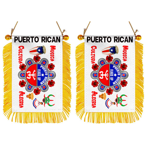 Fyon Musica, Cultura Alegria, Puerto Rican Mini Car Rearview Mirror Flag Banner - 2PC