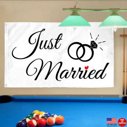 Fyon Just Married Ring Flag Blue White Flag Indoor and outdoor banner
