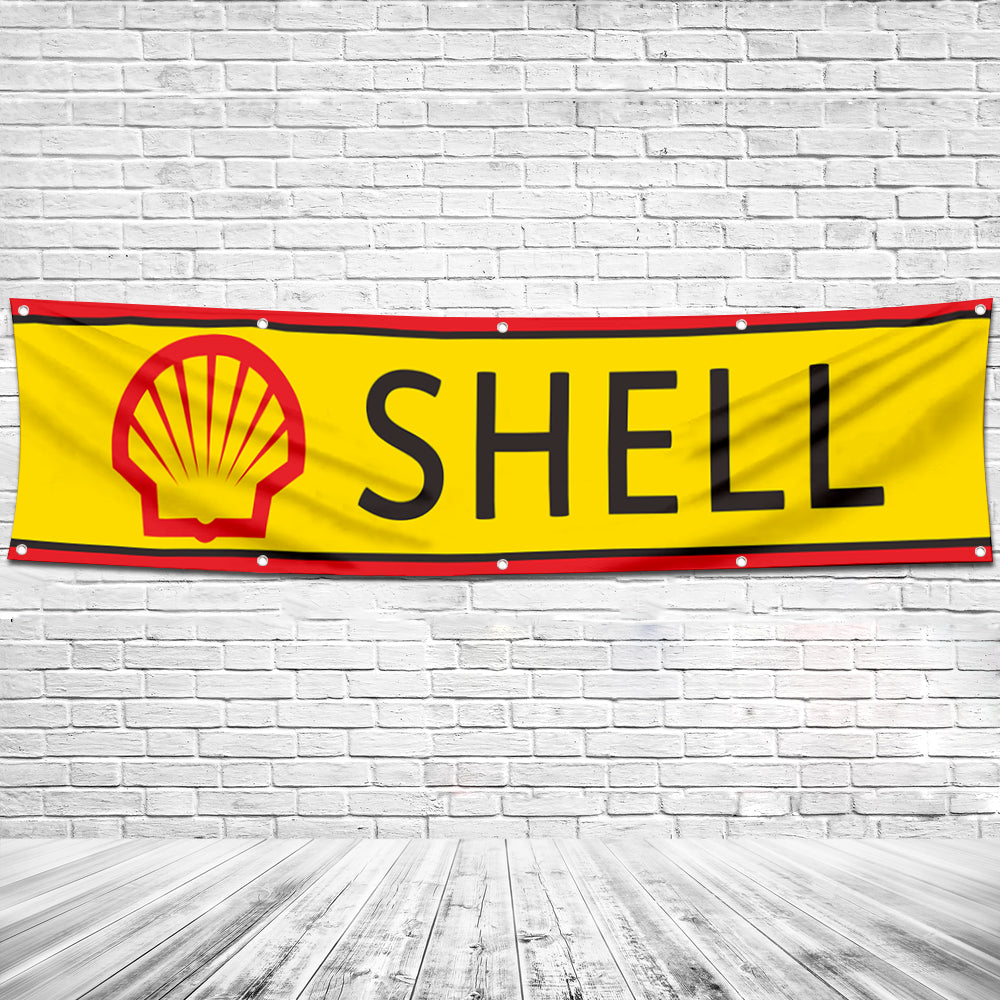 Fyon Car Motor Oil Gas Garage Workshop Banner Works for Shell Flag Yellow 2x8 Feet