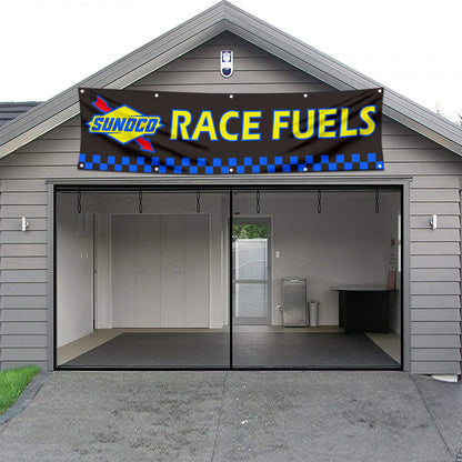 Fyon Car Motor Oil Gas Garage Workshop Banner Works for Sunoco Race Fuels Flag Black 2x8 Feet