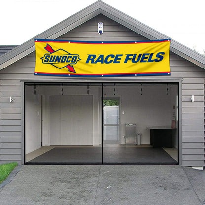 Fyon Car Motor Oil Gas Garage Workshop Banner Works for Sunoco Race Fuels Flag Yellow 2x8 Feet