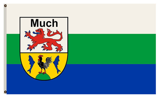 Much  Beschreibung der Flagge Die Flagge Banner und Hissflagge besteht aus den Farben weiß-grün-blau mit dem um das Wort Much ergänzten Wappen der Gemeinde Much Flag  Indoor and outdoor banner