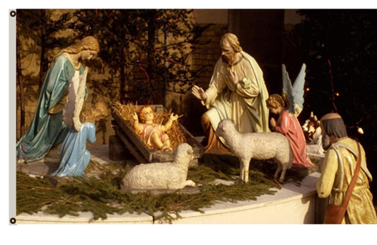 Christmas holiday jesus manger sheep needles people angels figurines Flag Indoor and outdoor banner