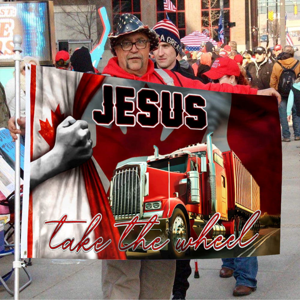 Fyon Freedom Convoy 2022 Canada Flag, Truckers For Freedom, Mandate Freedom Jesus Take The Wheel Flag Indoor and outdoor banner