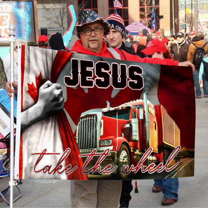 Fyon Freedom Convoy 2022 Canada Flag, Truckers For Freedom, Mandate Freedom Jesus Take The Wheel Flag Indoor and outdoor banner