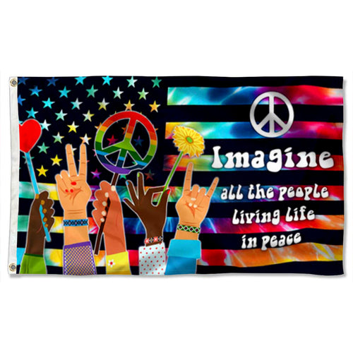 Fyon Hippie Imagine All The People Living Life In Peace Flower Flag 41568   Indoor and Outdoor Banner