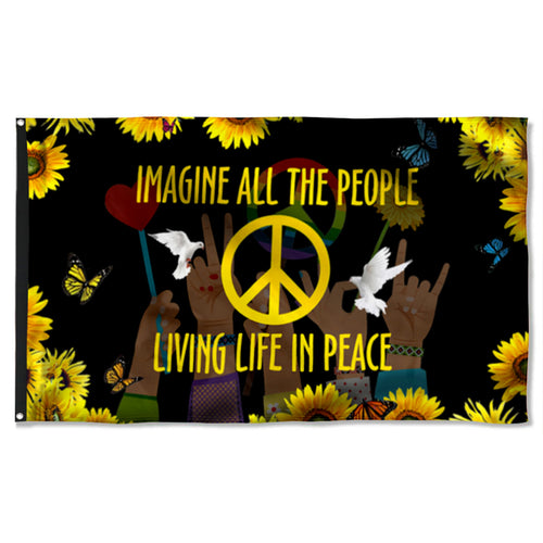 Fyon Hippie Sunflower Peace Sign Imagine All The People Living Life In Peace Flag  41575   Indoor and Outdoor Banner