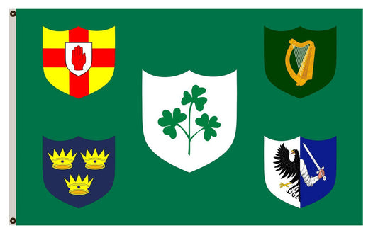 IRFU flag first made public in 1925, comprised of the traditional four provinces of Ireland shields and other older elements  landscape flag other older elements  landscape flag