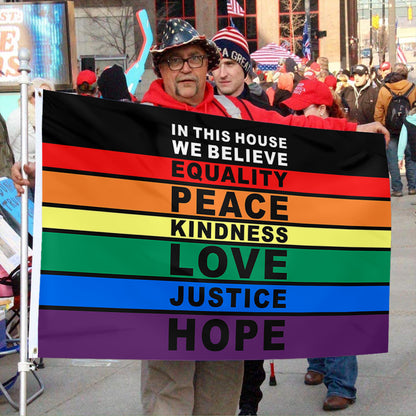 Fyon In This House LGBTQ Peace Love Flag  Indoor and Outdoor Banner