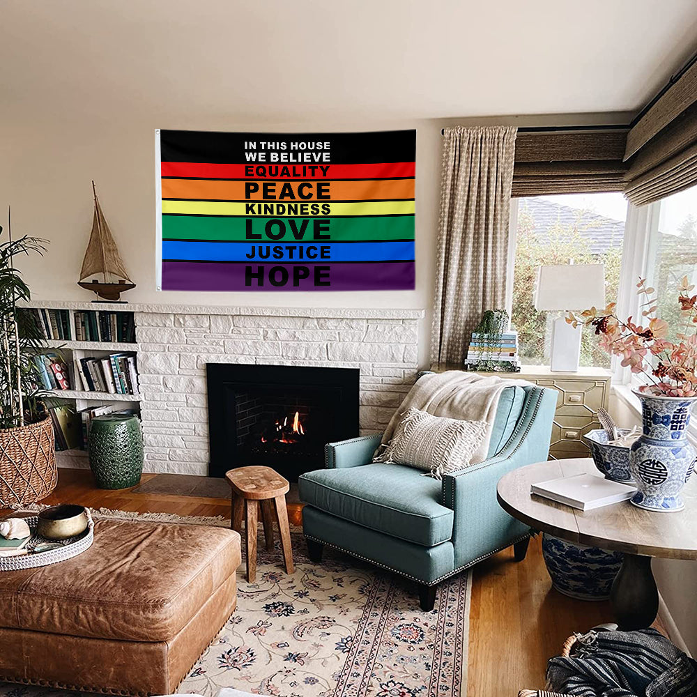 Fyon In This House LGBTQ Peace Love Flag  Indoor and Outdoor Banner