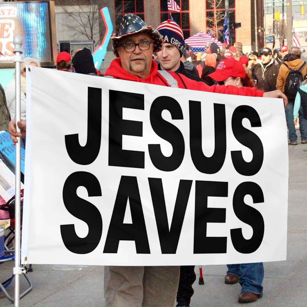 Fyon JESUS Saves Flag  White Indoor and outdoor banner