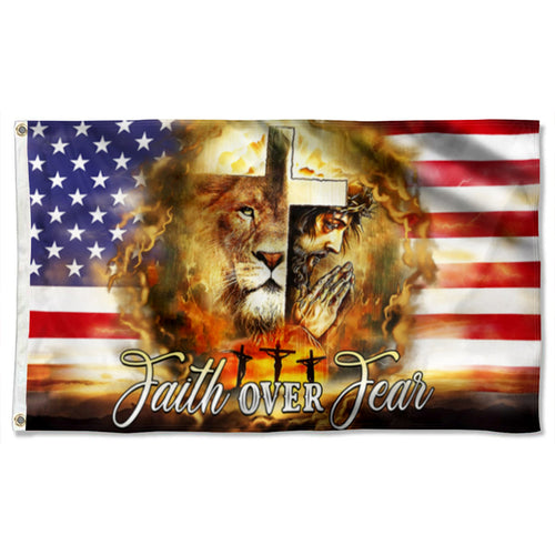 Fyon Jesus And Lion. Faith Over Fear. Christian Cross American Flag 41024  Indoor and outdoor banner