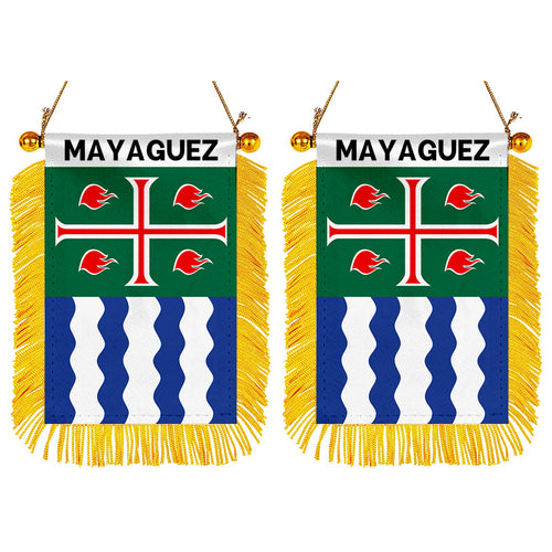 Mayaguez, Puerto Rico Flag  Mini Car Rearview Mirror Flag Banner - 2PC