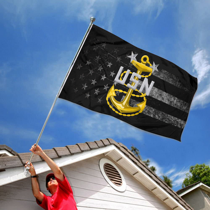 Fyon Navy Master Chief Petty Officer with American Flag Indoor and outdoor banner 2240807