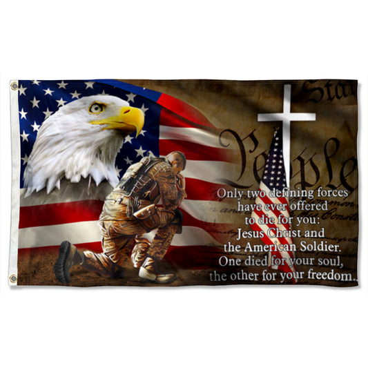 Fyon Owe To Jesus Christ And The American Soldier Veteran Christ Cross Flag Banner 41305 Indoor and outdoor banner