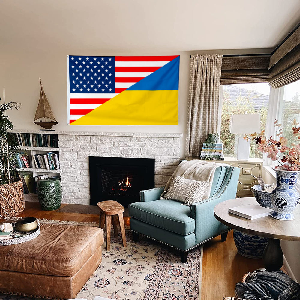 Fyon Ukraine and American Flag Banner Indoor and Outdoor Banner